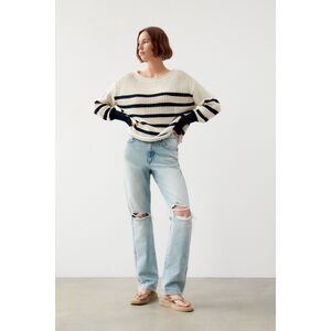 Zara Navy and Cream Striped Open-Stitch Knit Oversized Sweater (NWT)